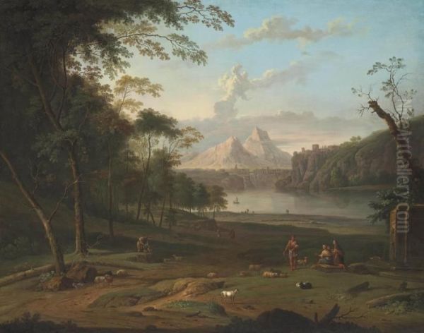 A Wooded, River Landscape Oil Painting by Jan Van Huysum