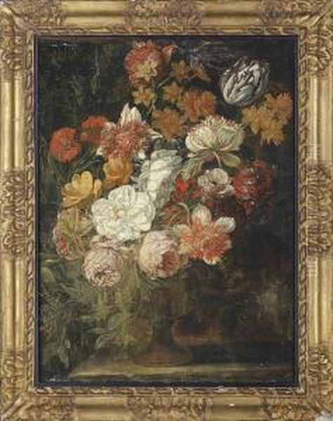 A Parrot Tulip, Roses, Carnations And Other Flowers In A Vase On A Ledge Oil Painting by Jan Van Huysum