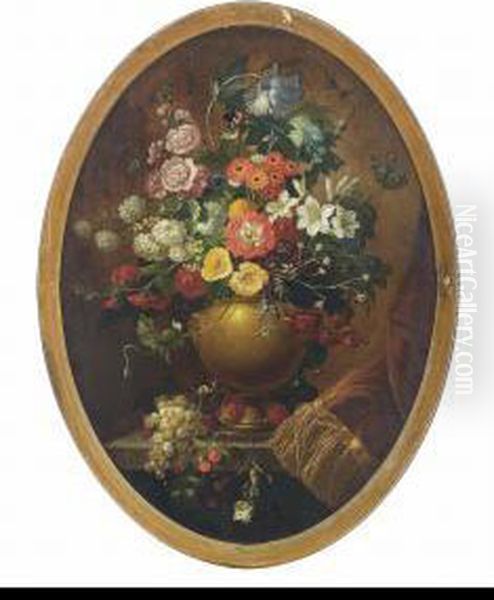 Narcissi, Carnations, Chrysanthemum And Other Flowers In An Urn On A Partially Draped Stone Ledge Oil Painting by Jan Van Huysum