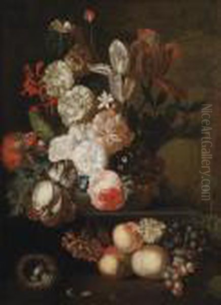 Roses, Tulips, Violets And Other Flowers Oil Painting by Jan Van Huysum