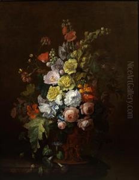 Roses, Poppies, Convolvulus And Other Flowers In A Bronze Vase On A Marble Ledge Oil Painting by Justus van Huysum