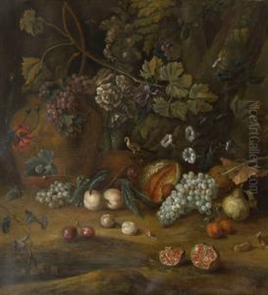 Stillleben Mit Fruchten, Blumen Und Vogeln In Landschaft Oil Painting by Justus van Huysum