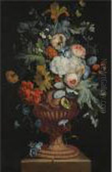 A Still Life Of Roses, Carnations, Daisies, And Irises In A Sculpted Urn Over A Stone Ledge Oil Painting by Justus van Huysum