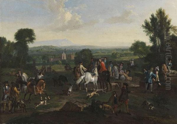 Hofische Jagdgesellschaft Vor Weiter Landschaft Oil Painting by Justus Ii Van Huysum