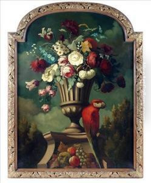 A Parrot By Astone Urn Full Of Summer Flowers Oil Painting by Justus Ii Van Huysum