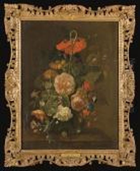 Soucis, Pivoines, Pois De Senteur, Chardons, Une Rose, Un Iris Et Autres Fleurs Dans Un Vase Oil Painting by Justus Ii Van Huysum