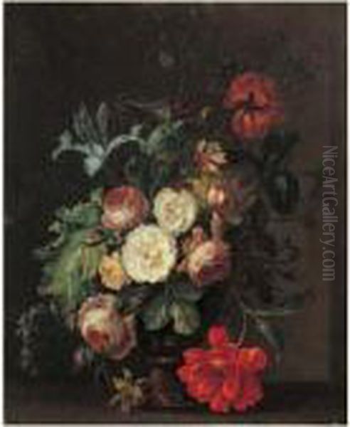 Nature Morte Au Vase De Fleurs Sur Un Entablement Oil Painting by Justus Ii Van Huysum