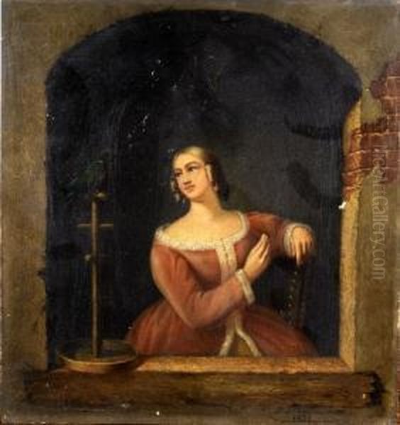 [jeune Femme Au Perroquet] (date1851) Oil Painting by Jules Van Imschoot