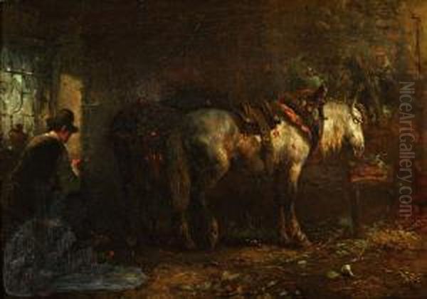 Stalinterieur Met Twee Paarden Oil Painting by Hendrik Van Ingen