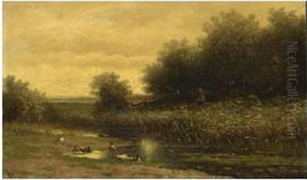 An Angler In A River Landscape Oil Painting by Hendrikus Alexander Van Ingen