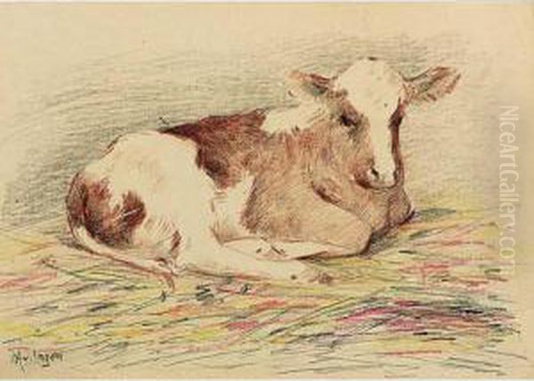 A Resting Calf Oil Painting by Hendrikus Alexander Van Ingen