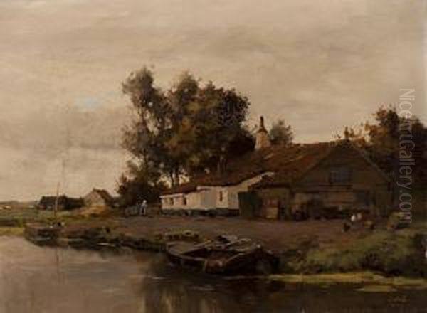 Farm By The Water Oil Painting by Joseph Gerardus van Jole