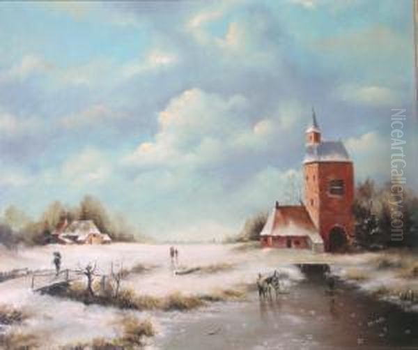 Figures In A Dutch Winter Landscape Oil Painting by Joseph Gerardus van Jole