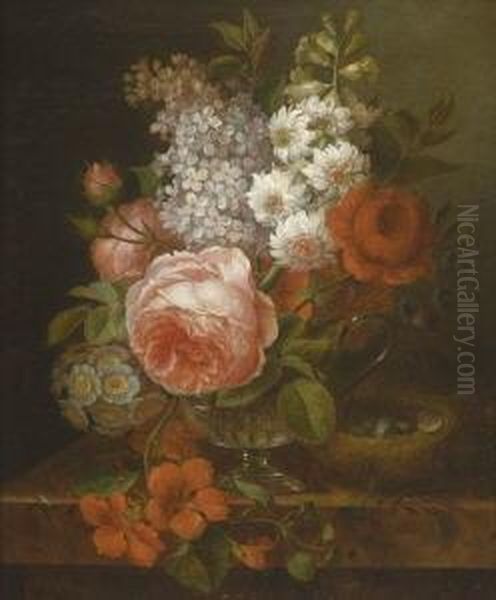 Blumenstillleben Mit Vogelnest. Oil Painting by Joseph Gerardus van Jole