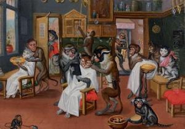 Les Singes Perruquiers Oil Painting by Ferdinand van Kessel