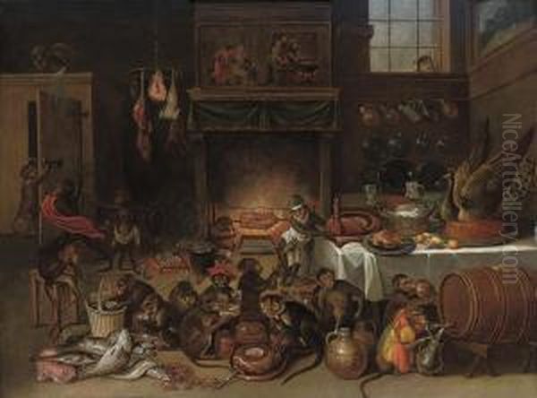 A Singerie In A Kitchen Oil Painting by Ferdinand van Kessel