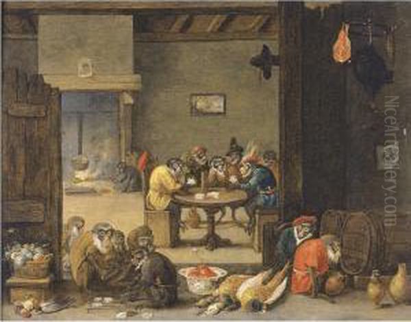 Monkeys Playing Cards Oil Painting by Ferdinand Ii Van Kessel