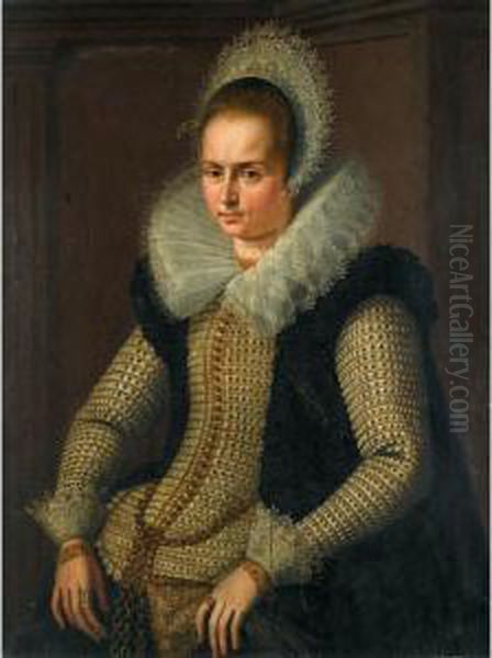 Portrait Of Lady, Half Length, Wearing A Black And Gold Dress With A Broad White Lace Collar Oil Painting by Hieronymus Van Kessel