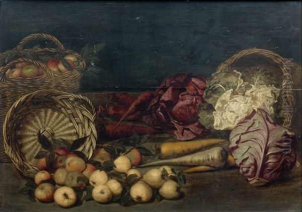 Nature Morte Aux Paniers De Pommes, Choux Et Carottes Disposes Sur Un Entablement Oil Painting by Jan van Kessel