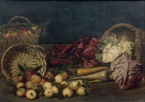 < Nature Morte Aux Paniers De Pommes, Choux Et Carottes Disposes Sur Un Entablement >. Oil Painting by Jan van Kessel