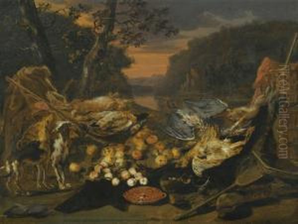 A Still Life With Game, Hunting Gear And Two Dogs Oil Painting by Jan van Kessel