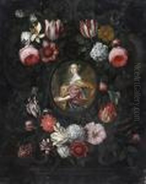 Portrait De Femme Dans Un Cartouche Sculpte Orne De Fleurs Oil Painting by Jan van Kessel