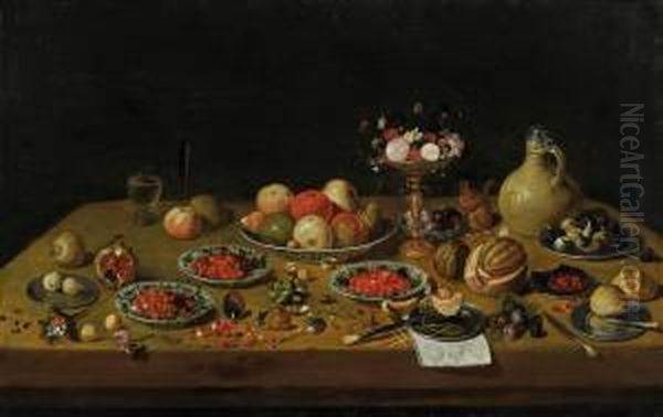 Fruchtestillleben Mitblumen-tazza, Eichhornchen Und Steinkrug Oil Painting by Jan van Kessel