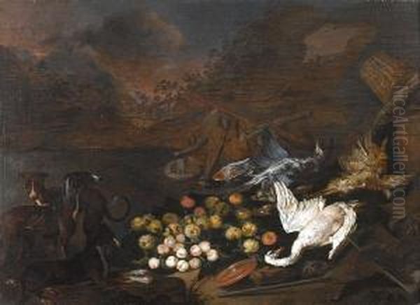 Three Hounds Beside A Group Of Dead Birds Withpeaches, Apples, Pears, And An Earthenware Dish In Alandscape Oil Painting by Jan van Kessel