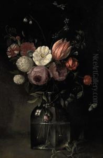 Roses, Tulips, A Snowball, Carnations, Loddon Lilies And An Anemonein A Glass Vase On A Ledge Oil Painting by Jan van Kessel