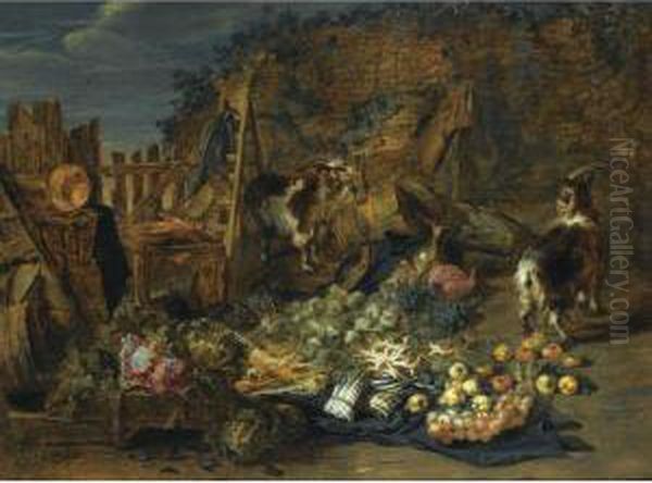 A Still Life Of Cabbages, Carrots, Asparagus, Onions, Pears And Apples Outside A Ruined Barn, Together With Two Goats And Three Rabbits Oil Painting by Jan van Kessel