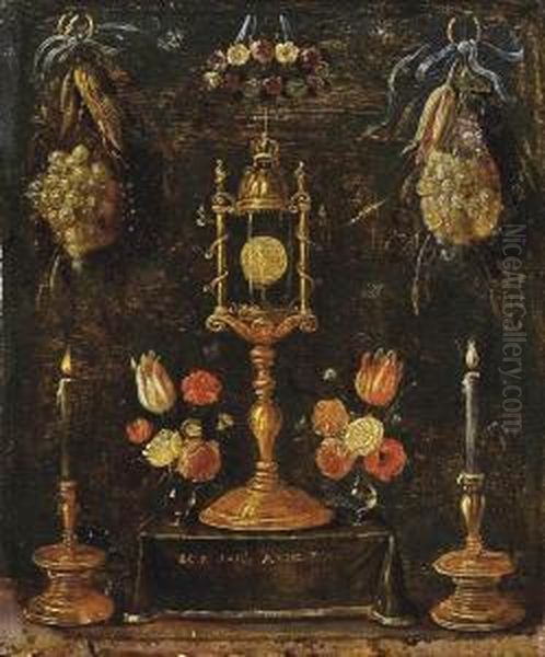 A Pyx With Roses, Tulips And Carnations In Glass Vases On A Draped Altar, Flanked By Two Candlesticks, Decorated With Swags Of Fruit And Flowers Oil Painting by Jan van Kessel