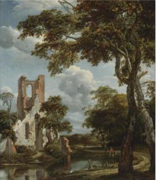 Fishermen On A River Bank Before The Ruins Of The Chapel Of Eyckendynen, Near The Hague Oil Painting by Jan van Kessel