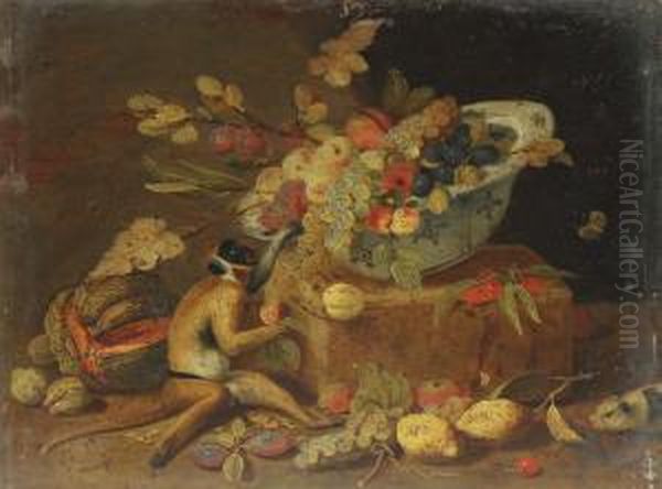 Nature Morte Aux Fruits, Coupe Blanche Et Bleue Et Singe Oil Painting by Jan Iii Van Kessel