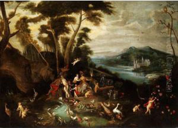 Minerva Mit Trophaen Vor Tieferlandschaft Oil Painting by Jan Iii Van Kessel