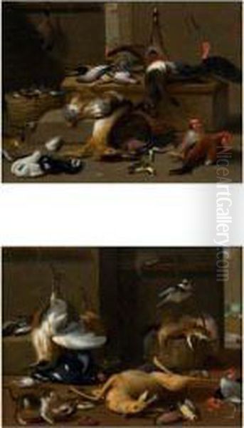 Chevreuil Et Oiseau Lapin, Chat Et Pigeon Paire De Cuivres Parquetes Oil Painting by Jan Iii Van Kessel