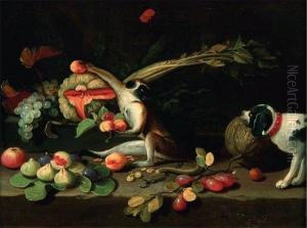 Singes Et Chiens Jouant Avec Des Fruits by Jan Iii Van Kessel