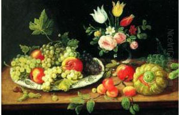 Nature Morte Au Plat De Fruits Et Au Bouquet De Fleurs Sur Un Entablement Oil Painting by Jan Iii Van Kessel