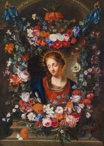 Madonna Imblumenkranz Oil Painting by Peter Van Kessel