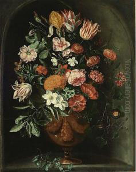 A Still Life With Tulips, Roses, A Red Turban Cup Lily, Auricula, Jasmin, An Iris, Carnations And Other Flowers In A Vase, All In A Stone Niche Oil Painting by Peter Van Kessel