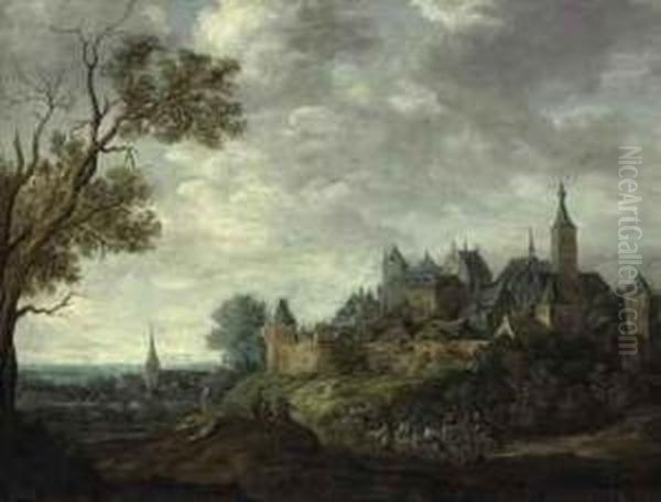 An Extensive Landscape With A Walled City And Travelers Oil Painting by Francis Van Knibbergen