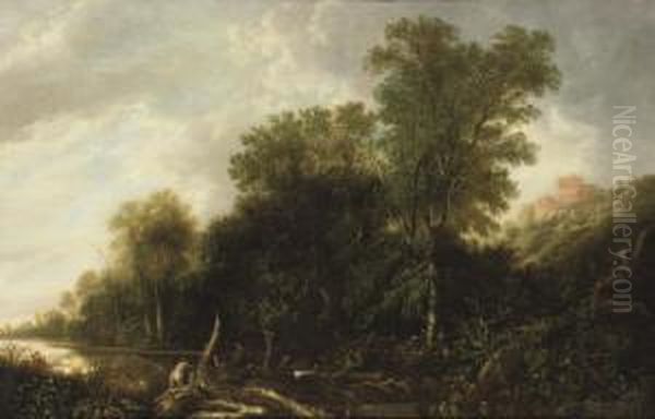 A Wooded Landscape With Nymphs Bathing In A River Oil Painting by Francis Van Knibbergen