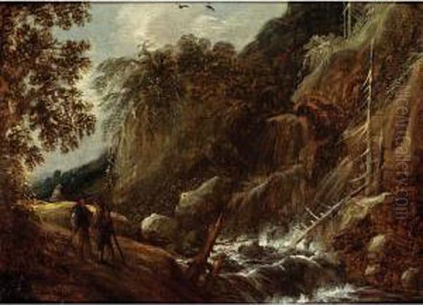 A Wooded River Landscape With Figures Conversing On A Path Near A Waterfall Oil Painting by Francis Van Knibbergen