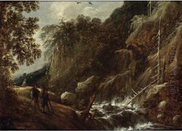 A Wooded River Landscape With Figures Conversing On A Path Near A Waterfall Oil Painting by Francis Van Knibbergen