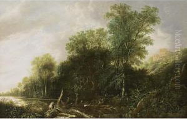 A Wooded River Landscape With Women Bathing, A View Of Classical Houses On A Hill In The Background Oil Painting by Francis Van Knibbergen