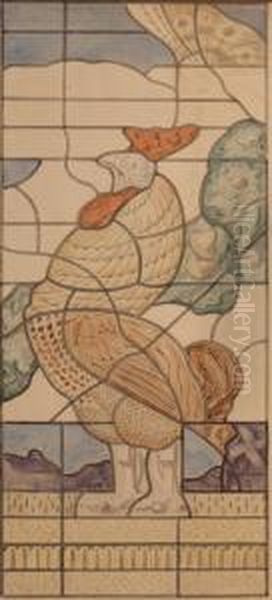 Design For Leaded-glass Windows Depictingtwo Roosters Oil Painting by Willem Van Konijnenburg