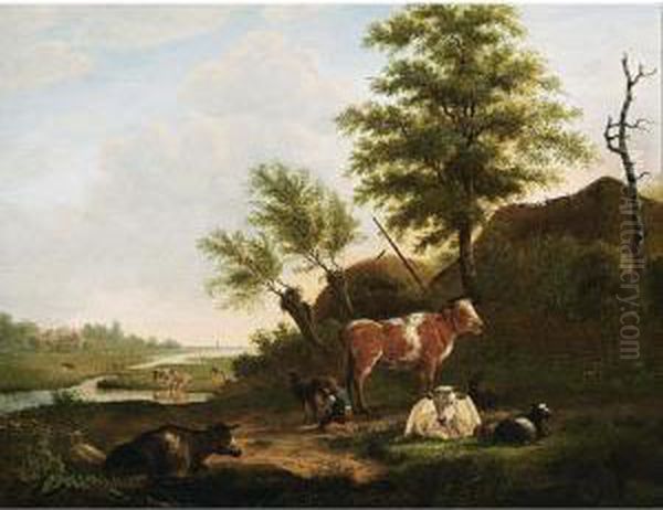 Cattle In An Extensive Landscape Oil Painting by Jacob Van Kouvenhoven