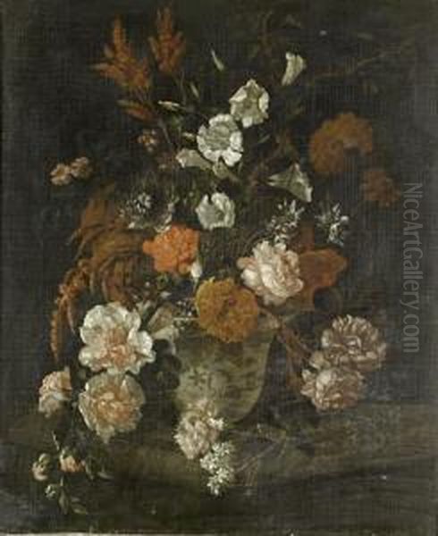 Roses, Carnations, Convolvulus And Other Flowers In A Porcelain Vase On A Stone Ledge Oil Painting by Philip Van Kouwenbergh