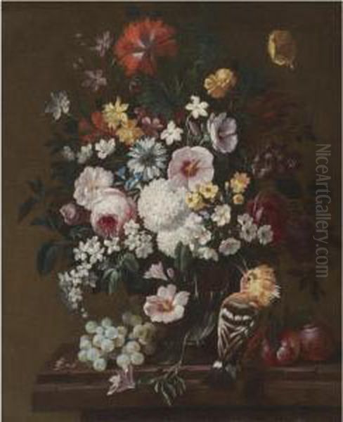 A Still Life With Flowers In A Glass Vase With A Hoopoe, Plums And A Bunch Of Grapes Oil Painting by Philip Van Kouwenbergh