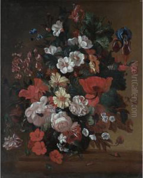 Still Life With Roses, Irises And Other Flowers In A Glass Vase On A Stone Ledge Oil Painting by Philip Van Kouwenbergh