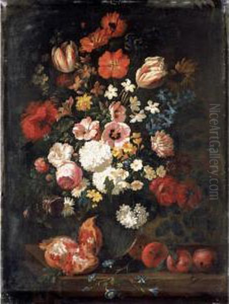 A Still Life Of Flowers In A Vase With A Pomegranate And Plums by Philip Van Kouwenbergh